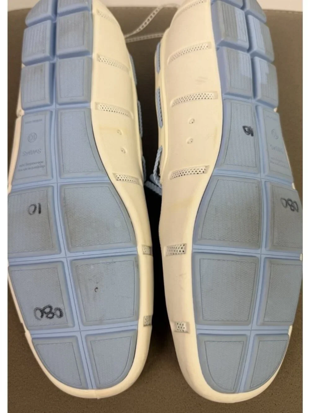 Swims Men's White Mesh Boat Shoes with Light Blue Laces and Orange Insoles
